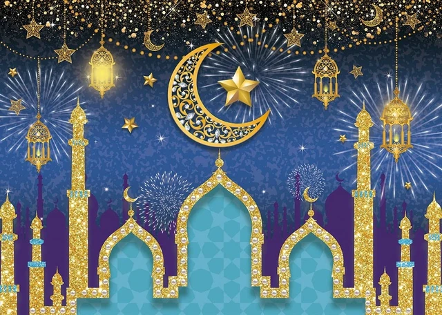 Alt view image 4 of 4 - Blue Gold Eid Mubarak Ramadan Photography Backdrop 8x6FT Classic Ramadan Eid Design, Mosque & Crescent Muslim Holiday Party Photo Backdrop, Lightweight Vinyl, Easy Hang & Wipe Clean