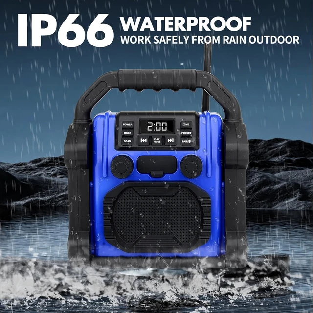 Alt view image 2 of 7 - Jobsite Radio Speaker, 30w Ipx 66 Waterproof Fm Clock Radio Portable with LED Lights, Anticollision Fm Radios for Constrution Site/Outdoor/Fishing/Party/Camping (Blue)