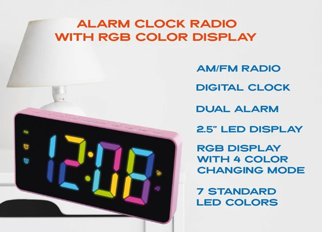 Alt view image 2 of 7 - HX-160CR Alarm Clock Radio, 2.5 RGB Color Display (Pink) FM Radio, Digital Clock, Dual Alarm, 2.5 RGB Color LED Display, Dimmer