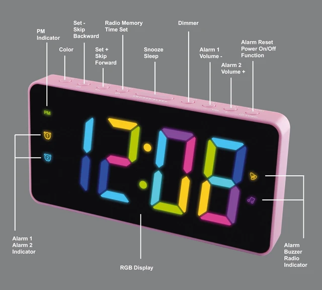 Alt view image 3 of 7 - HX-160CR Alarm Clock Radio, 2.5 RGB Color Display (Pink) FM Radio, Digital Clock, Dual Alarm, 2.5 RGB Color LED Display, Dimmer
