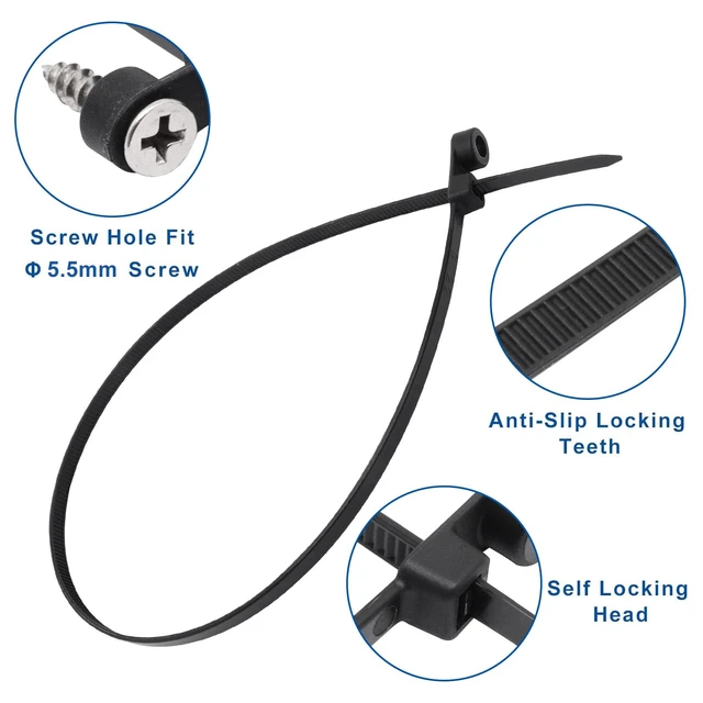 Alt view image 4 of 7 - Zip Ties with Screw Hole, 100 Pcs Mountable head Cable Tie Multipurpose Heavy Duty Nylon Zip Tie for Indoor and Outdoor (15.7 inch, 50lbs)