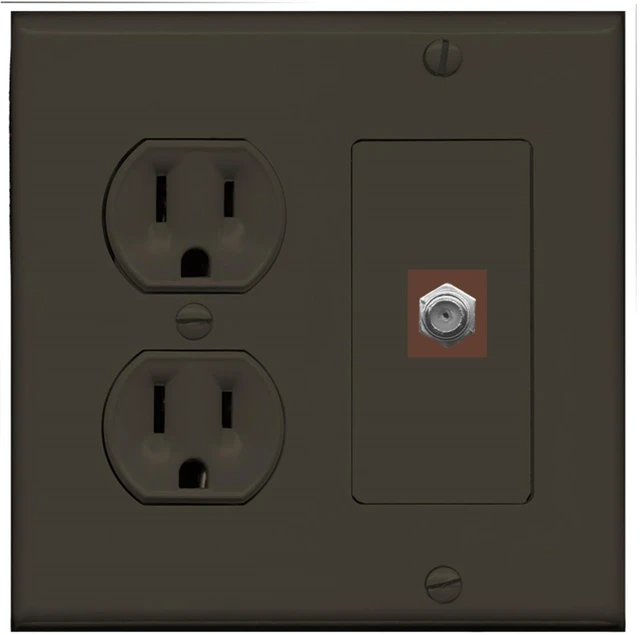 Main image of (2 Gang Decorative) 15 Amp Round Power Outlet Coax Cable TV Wall Plate - Brown