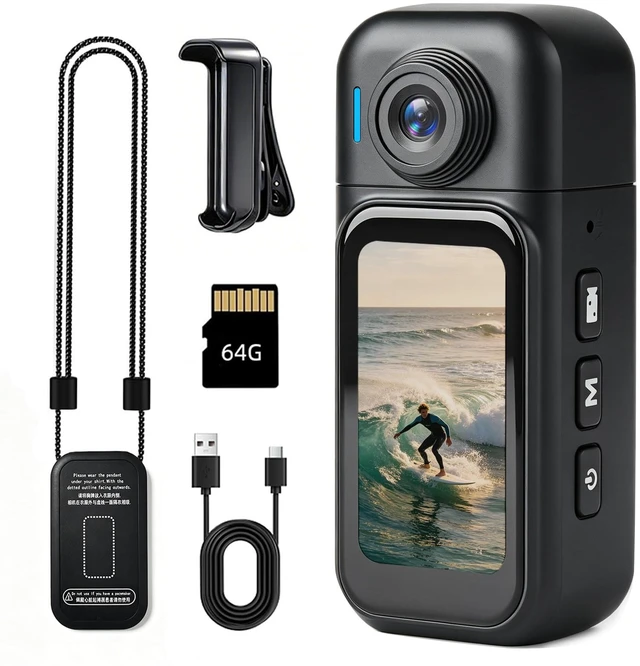 Main image of Mini Body Camera - 64GB Portable Wearable Camera with 360° Back Clip 180° Rotating Lens, 1.47" Touch Screen, POV Hands-Free for Vlogging Travel Workers Baseball Fishing Cycling Motorcycle(Black)