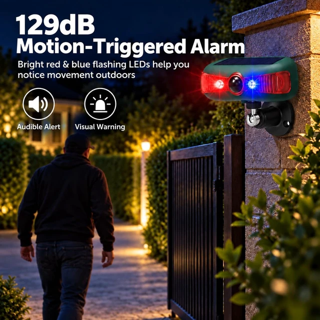 Alt view image 2 of 7 - Solar Motion Sensor Alarm, 130dB, Red & Blue Strobe, 4 Modes Red Blue Strobe 130dB Siren 110° PIR 4 Modes Yard, Coop, Farm, Driveway, Barn, Garden