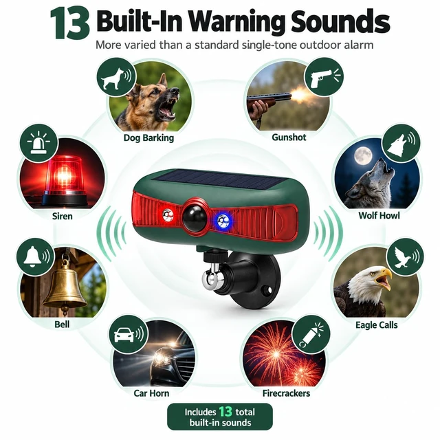 Alt view image 4 of 7 - Solar Motion Sensor Alarm, 130dB, Red & Blue Strobe, 4 Modes Red Blue Strobe 130dB Siren 110° PIR 4 Modes Yard, Coop, Farm, Driveway, Barn, Garden