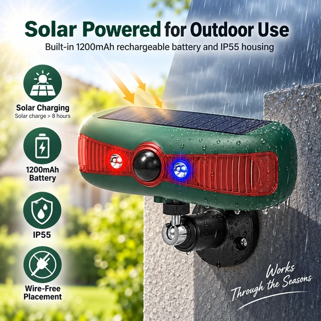 Alt view image 7 of 7 - Solar Motion Sensor Alarm, 130dB, Red & Blue Strobe, 4 Modes Red Blue Strobe 130dB Siren 110° PIR 4 Modes Yard, Coop, Farm, Driveway, Barn, Garden