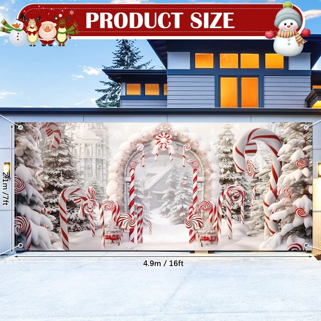 Alt view image 2 of 7 - 16 x 7 ft Christmas Garage Door Decoration Cane Candy Cover Banner Large Candy Cane Arch Scene, Christmas Favor, Waterproof Outdoor Banner, Festive Party Backdrop