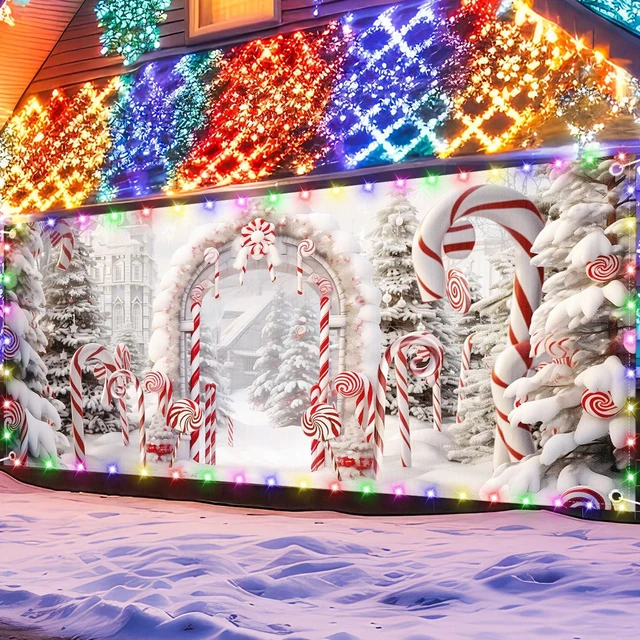 Alt view image 7 of 7 - 16 x 7 ft Christmas Garage Door Decoration Cane Candy Cover Banner Large Candy Cane Arch Scene, Christmas Favor, Waterproof Outdoor Banner, Festive Party Backdrop