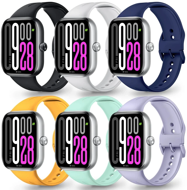 Main image of Straps for Redmi Watch 6/5/4 & Xiaomi Smart Band 10/9/8 Pro, 6-Pack Soft silicone sport bands with breathable holes, adjustable 5.38.7 in fit, quick release connectors and easy-clean design