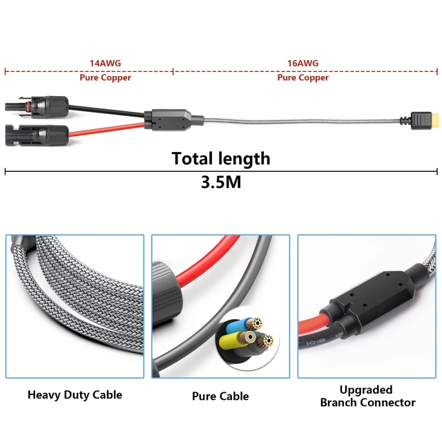 Alt view image 4 of 6 - Solar Connector to XT60 Adapter Extension Cable Solar Panel 60W 110W 160W 220W 400W, Compatible with Anker Powerhouse ECOFLOW River Delta Rockpals Solar Generator 11Ft