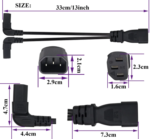 Alt view image 2 of 7 - (2 Pack) C14 to 90 Degree Dual C13 Y Splitter AC Power Converter Cable,18AWG IEC320 3Pole Male to 2 x 3Pole Female Power Plug,Right Angled C13 to C14 for LED TV etc(0.3m/1ft)(90 Degree 2xC13)
