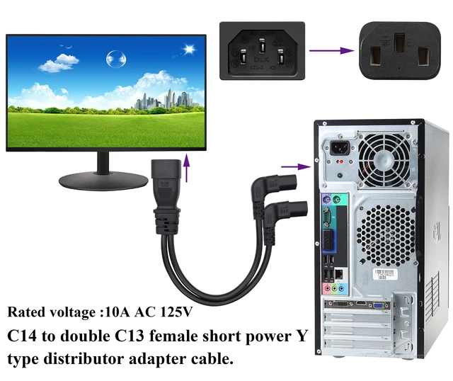 Alt view image 6 of 7 - (2 Pack) C14 to 90 Degree Dual C13 Y Splitter AC Power Converter Cable,18AWG IEC320 3Pole Male to 2 x 3Pole Female Power Plug,Right Angled C13 to C14 for LED TV etc(0.3m/1ft)(90 Degree 2xC13)