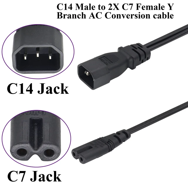 Alt view image 4 of 7 - (2 pack) IEC320 C14 to Dual C7 Y Splitter Power AC Adapter Cable,10A 125V IEC 3Pole Male to 2x2Pole Female Figure 8 Plug,IEC C7 to C14 Polarized Converter for LED TV etc(0.3m/1ft)(C14 to 2xC7)