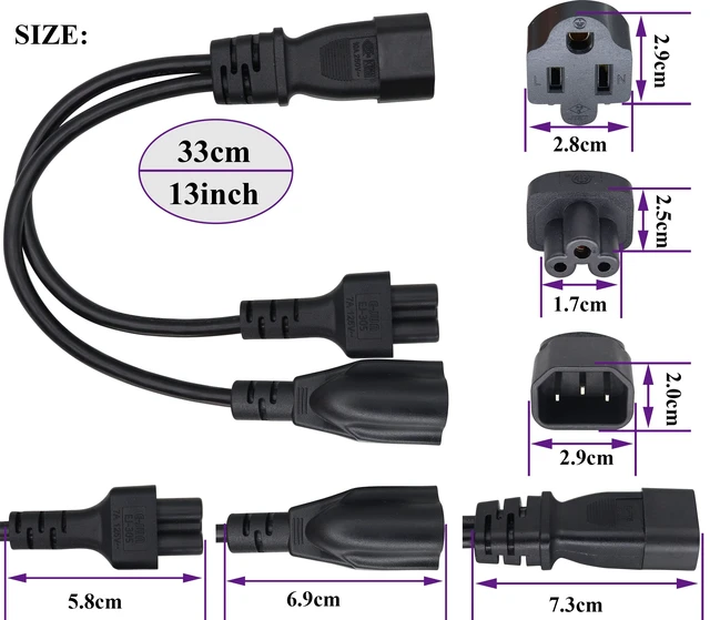Alt view image 2 of 7 - (2 pack)C14 to C5+NEMA 5-15R Y Splitter AC Power Adapter Cable,10A 125V IEC 3Pole Male to Mickey Mouse 3Pole Female+NEMA 5-15R Female Power Converter for Laptop Receptacle Converter (33cm/1ft)