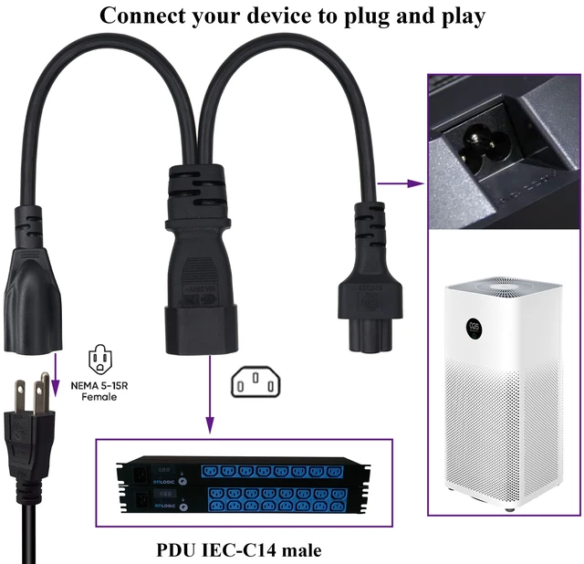 Alt view image 6 of 7 - (2 pack)C14 to C5+NEMA 5-15R Y Splitter AC Power Adapter Cable,10A 125V IEC 3Pole Male to Mickey Mouse 3Pole Female+NEMA 5-15R Female Power Converter for Laptop Receptacle Converter (33cm/1ft)