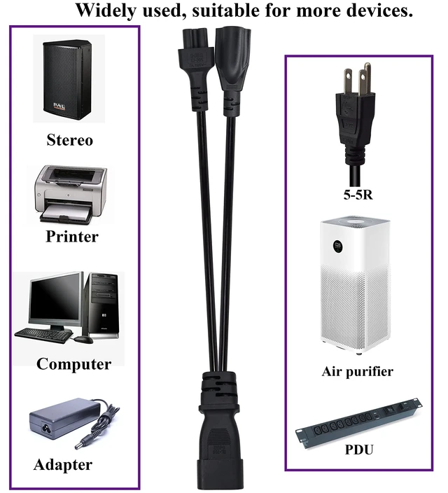 Alt view image 7 of 7 - (2 pack)C14 to C5+NEMA 5-15R Y Splitter AC Power Adapter Cable,10A 125V IEC 3Pole Male to Mickey Mouse 3Pole Female+NEMA 5-15R Female Power Converter for Laptop Receptacle Converter (33cm/1ft)