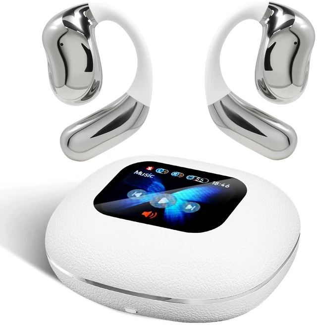 Main image of Open Ear Headphones with Touchscreen, Over Ear Bluetooth Earbuds, White Bluetooth 5.4, 68H Playtime with Charging Case, Over Headphones with Silicone Ear Hooks, for Outdoors Fitness Sport