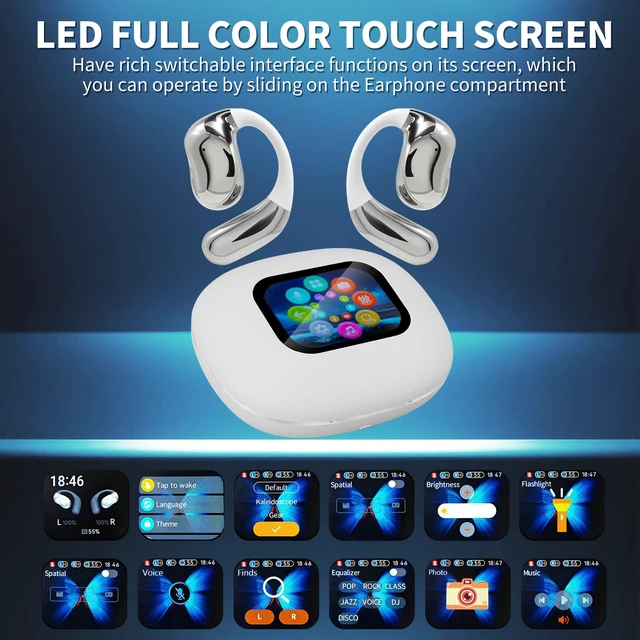 Alt view image 2 of 7 - Open Ear Headphones with Touchscreen, Over Ear Bluetooth Earbuds, White Bluetooth 5.4, 68H Playtime with Charging Case, Over Headphones with Silicone Ear Hooks, for Outdoors Fitness Sport