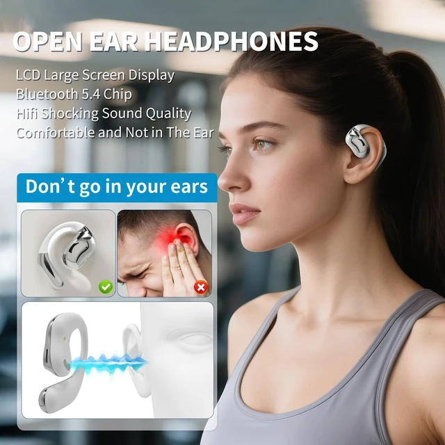 Alt view image 3 of 7 - Open Ear Headphones with Touchscreen, Over Ear Bluetooth Earbuds, White Bluetooth 5.4, 68H Playtime with Charging Case, Over Headphones with Silicone Ear Hooks, for Outdoors Fitness Sport