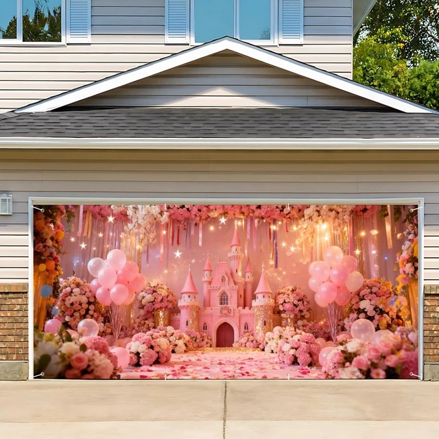 Main image of Valentines Day Romantic Floral Garage Door Banner 6x13ft Waterproof -Pink Balloon Backdrop for Wedding & Anniversary,Photo Booth Background Wall Decor