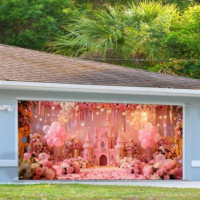 Alt view image 3 of 7 - Valentines Day Romantic Floral Garage Door Banner 6x13ft Waterproof -Pink Balloon Backdrop for Wedding & Anniversary,Photo Booth Background Wall Decor