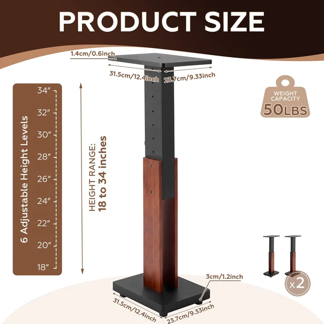 Alt view image 2 of 7 - 2 Pcs Height Adjustable Speaker Stands Heavy Duty 50 Lbs Wood Vinyl Record Player Stands Pair for Studio Housewarming Home Decoration (18-34",Walnut)