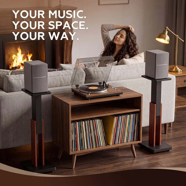Alt view image 3 of 7 - 2 Pcs Height Adjustable Speaker Stands Heavy Duty 50 Lbs Wood Vinyl Record Player Stands Pair for Studio Housewarming Home Decoration (18-34",Walnut)