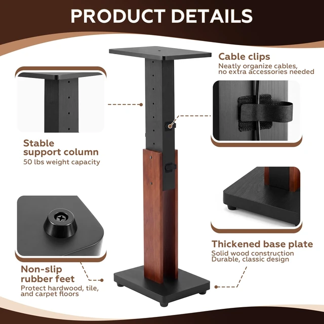 Alt view image 5 of 7 - 2 Pcs Height Adjustable Speaker Stands Heavy Duty 50 Lbs Wood Vinyl Record Player Stands Pair for Studio Housewarming Home Decoration (18-34",Walnut)