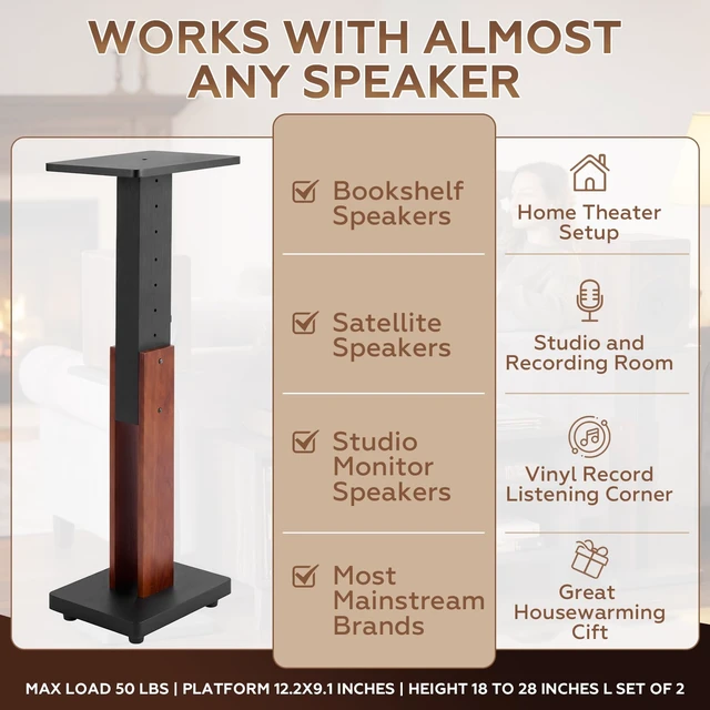 Alt view image 6 of 7 - 2 Pcs Height Adjustable Speaker Stands Heavy Duty 50 Lbs Wood Vinyl Record Player Stands Pair for Studio Housewarming Home Decoration (18-34",Walnut)