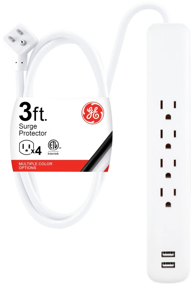 Main image of Sur Protector Power Strip with USB Ports, 3 Ft Extension Cord 560 Joules, 4 Outlet Extender, 2 USB-A, Flat Plug, Wall Mount, On Off Switch, ETL Safety Listed, White, 37212