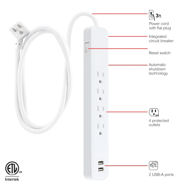 Alt view image 2 of 7 - Sur Protector Power Strip with USB Ports, 3 Ft Extension Cord 560 Joules, 4 Outlet Extender, 2 USB-A, Flat Plug, Wall Mount, On Off Switch, ETL Safety Listed, White, 37212