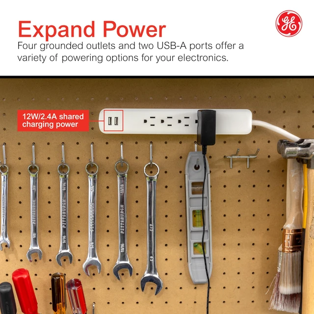 Alt view image 3 of 7 - Sur Protector Power Strip with USB Ports, 3 Ft Extension Cord 560 Joules, 4 Outlet Extender, 2 USB-A, Flat Plug, Wall Mount, On Off Switch, ETL Safety Listed, White, 37212