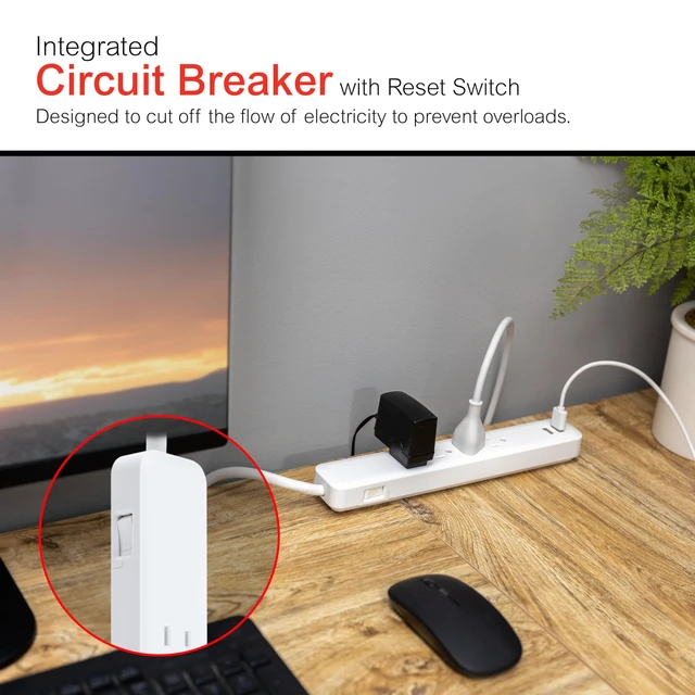 Alt view image 4 of 7 - Sur Protector Power Strip with USB Ports, 3 Ft Extension Cord 560 Joules, 4 Outlet Extender, 2 USB-A, Flat Plug, Wall Mount, On Off Switch, ETL Safety Listed, White, 37212