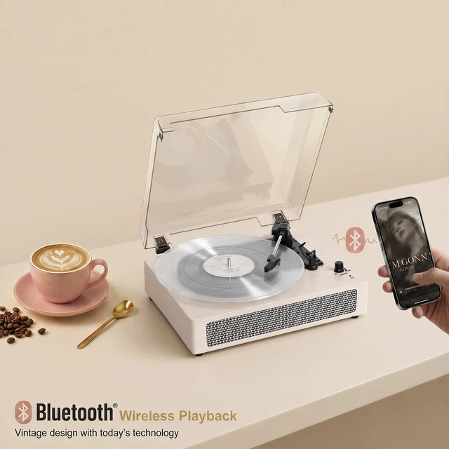 Alt view image 2 of 7 - Vintage Vinyl Record Player 3-Speed Wireless Bluetooth Turntable with Belt-Drive Built-in Stereo Speakers, RCA Output, AUX in, Auto Stop, Oak Ivory LP Player