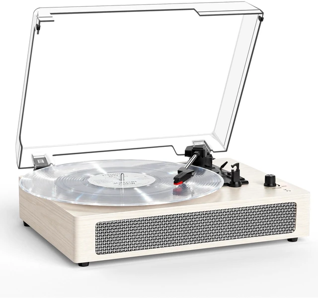 Main image of Vintage Vinyl Record Player 3-Speed Wireless Bluetooth Turntable with Belt-Drive Built-in Stereo Speakers, RCA Output, AUX in, Auto Stop, Oak Ivory LP Player