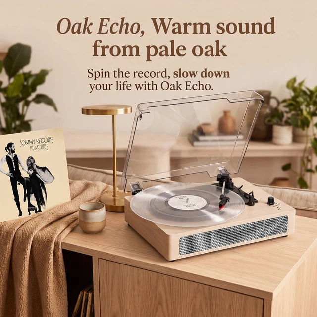 Alt view image 4 of 7 - Vintage Vinyl Record Player 3-Speed Wireless Bluetooth Turntable with Belt-Drive Built-in Stereo Speakers, RCA Output, AUX in, Auto Stop, Oak Ivory LP Player