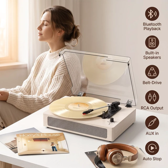 Alt view image 5 of 7 - Vintage Vinyl Record Player 3-Speed Wireless Bluetooth Turntable with Belt-Drive Built-in Stereo Speakers, RCA Output, AUX in, Auto Stop, Oak Ivory LP Player