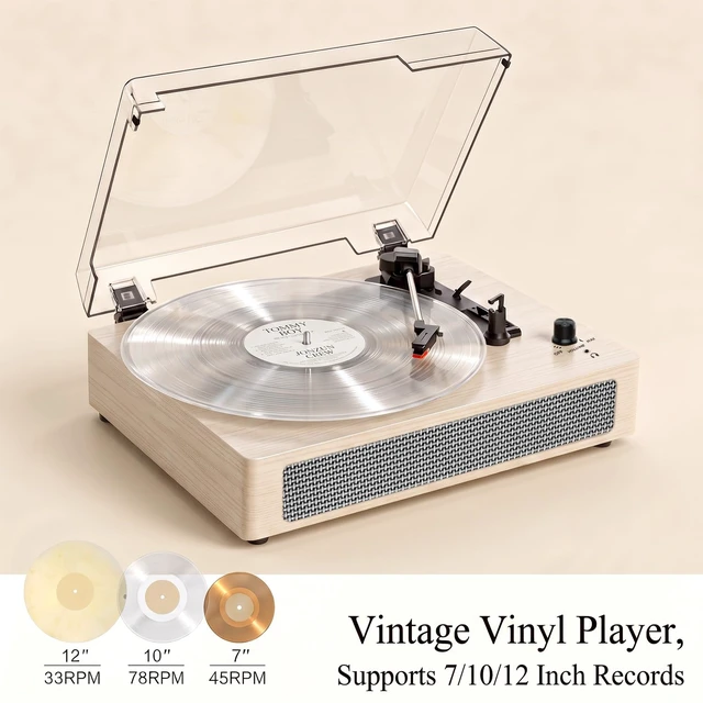 Alt view image 3 of 7 - Vintage Vinyl Record Player 3-Speed Wireless Bluetooth Turntable with Belt-Drive Built-in Stereo Speakers, RCA Output, AUX in, Auto Stop, Oak Ivory LP Player