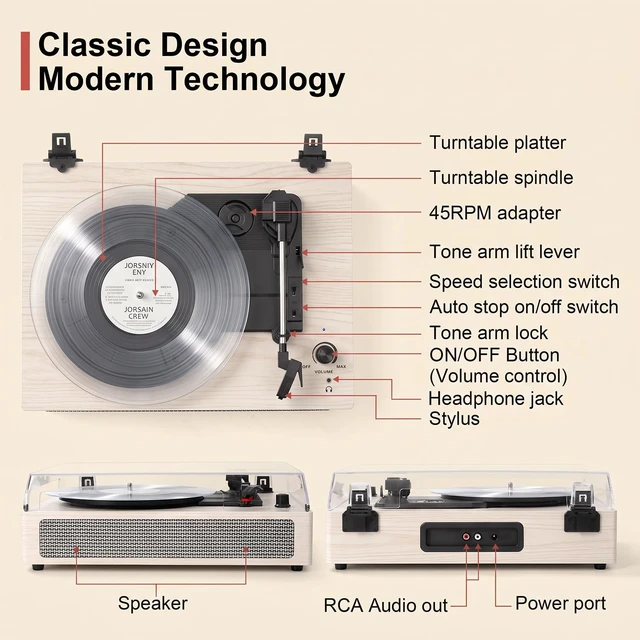 Alt view image 7 of 7 - Vintage Vinyl Record Player 3-Speed Wireless Bluetooth Turntable with Belt-Drive Built-in Stereo Speakers, RCA Output, AUX in, Auto Stop, Oak Ivory LP Player