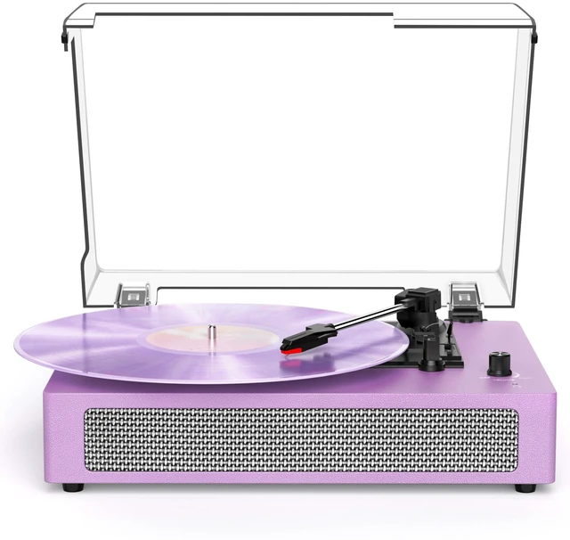 Main image of Vintage Turntable with Built-in Speakers, 3-Speed Record Player with Bluetooth Receiver for Beginners, AUX in, Auto Stop, Purple LP Vinyl Player