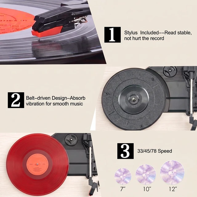 Alt view image 6 of 7 - Vintage Vinyl Record Player 3-Speed Wireless Bluetooth Turntable with Belt-Drive Built-in Stereo Speakers, RCA Output, AUX in, Auto Stop, Oak Ivory LP Player