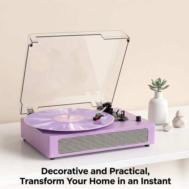 Alt view image 4 of 7 - Vintage Turntable with Built-in Speakers, 3-Speed Record Player with Bluetooth Receiver for Beginners, AUX in, Auto Stop, Purple LP Vinyl Player