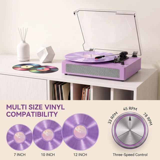 Alt view image 3 of 7 - Vintage Turntable with Built-in Speakers, 3-Speed Record Player with Bluetooth Receiver for Beginners, AUX in, Auto Stop, Purple LP Vinyl Player