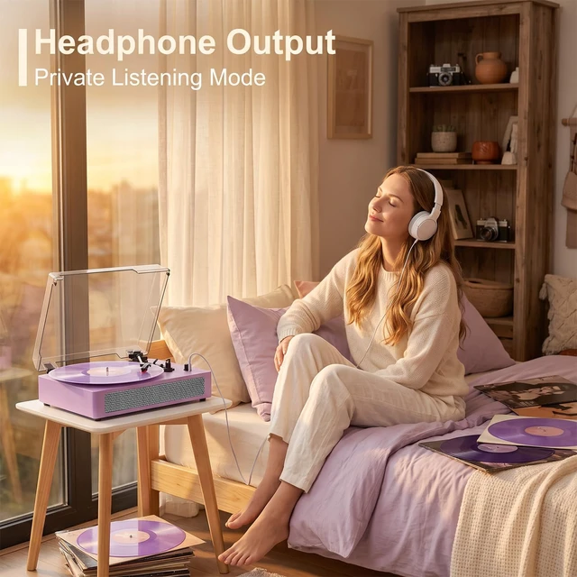 Alt view image 5 of 7 - Vintage Turntable with Built-in Speakers, 3-Speed Record Player with Bluetooth Receiver for Beginners, AUX in, Auto Stop, Purple LP Vinyl Player