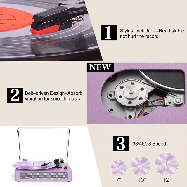 Alt view image 6 of 7 - Vintage Turntable with Built-in Speakers, 3-Speed Record Player with Bluetooth Receiver for Beginners, AUX in, Auto Stop, Purple LP Vinyl Player