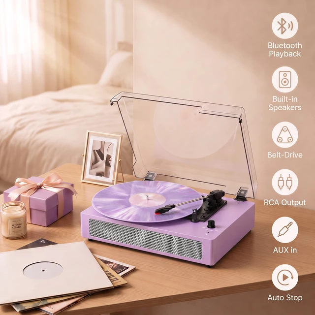Alt view image 7 of 7 - Vintage Turntable with Built-in Speakers, 3-Speed Record Player with Bluetooth Receiver for Beginners, AUX in, Auto Stop, Purple LP Vinyl Player