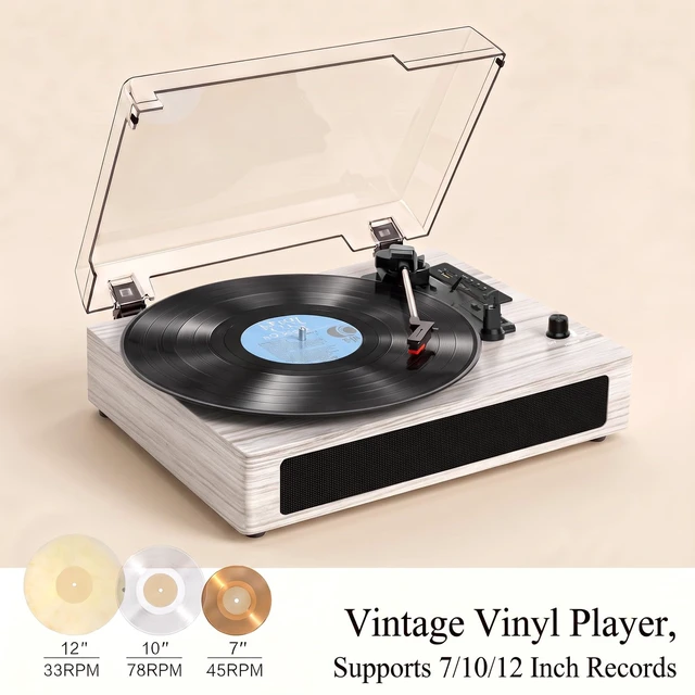 Alt view image 3 of 7 - Vinyl Record Player with Built-in Bluetooth, USB Recording, Stereo Speakers, Belt-Driven Vintage Record Player 3 Speeds, Portable, AUX Input Grey Wood LP Playerv