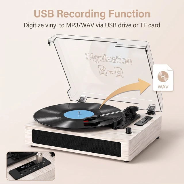Alt view image 6 of 7 - Vinyl Record Player with Built-in Bluetooth, USB Recording, Stereo Speakers, Belt-Driven Vintage Record Player 3 Speeds, Portable, AUX Input Grey Wood LP Playerv