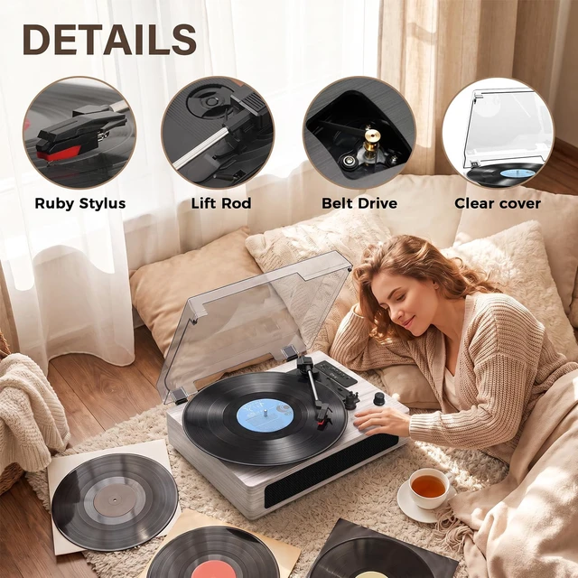 Alt view image 5 of 7 - Vinyl Record Player with Built-in Bluetooth, USB Recording, Stereo Speakers, Belt-Driven Vintage Record Player 3 Speeds, Portable, AUX Input Grey Wood LP Playerv