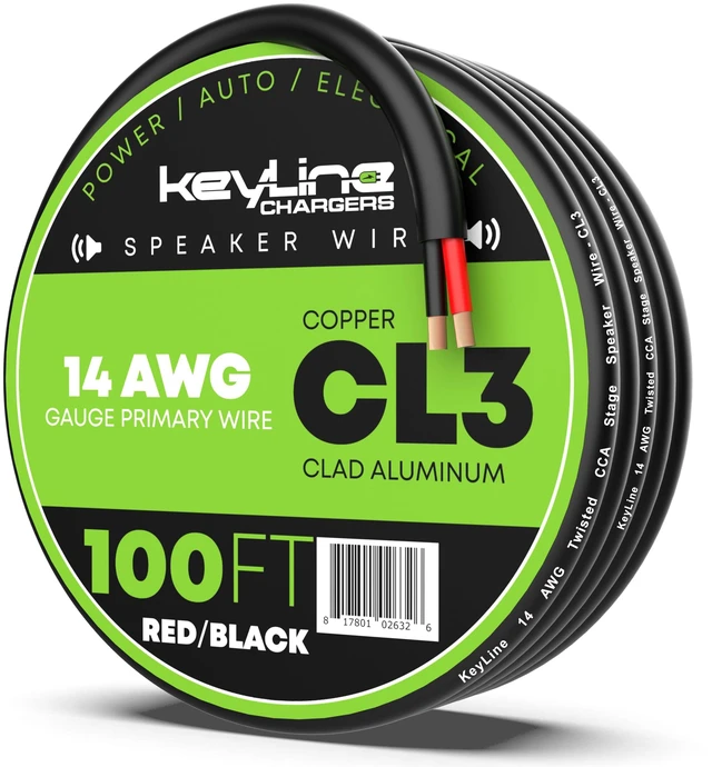 Main image of 14 Gauge Speaker Wire - 100 Feet Black 14-2 AWG Gauge - Rated for Marine & Outdoor in Ground Burial & in Wall CL3 CL2, 2 Conductors - CCA Copper Clad Aluminum, Black 100ft